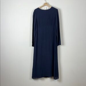 Laura Ashley Silk Long Elegant Navy Blue Long Sleeve Lined Maxi Dress Womens 14